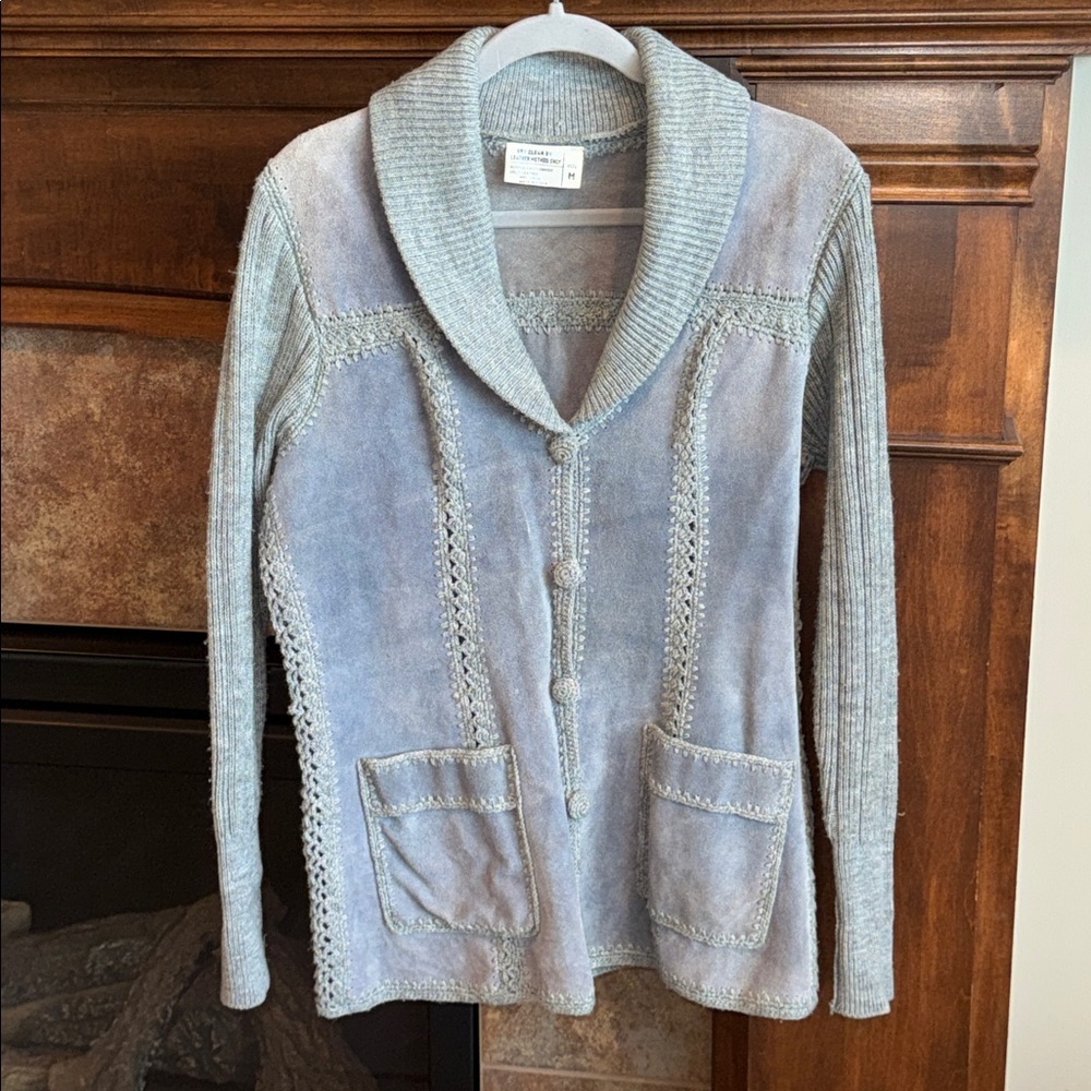 Vintage gray cowhide suede knit sweater jacket boho hippie western distressed M